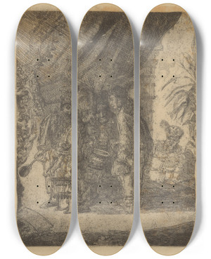 Triptych art skateboard deck of James Ensor De Beroemde Perzische Geneesheren Iston Pouffamatus Cracozie En Transmouffe Onderzoeken De Stoelgang Van Koning Darius Na De Slag Van Arabela by James Ensor (1860-1949)