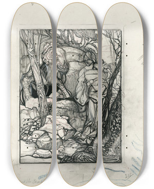 Triptych art skateboard deck of Johannes Josephus Aarts The Beauty And The Beast_1 by Johannes Josephus Aarts (1871-1934)