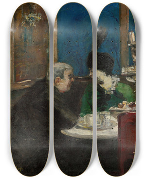 Triptych art skateboard deck of Lesser Ury Im Caf Victoria Berlin by Lesser Ury (1861-1931)
