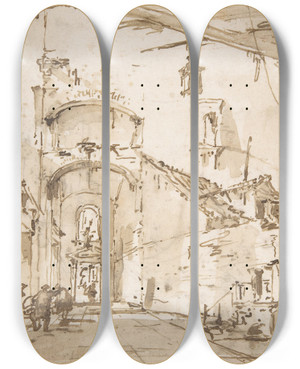 Triptych art skateboard deck of Francesco Guardi Architectural Capriccio A Vaulted Passageway by Francesco Guardi (1712-1793)