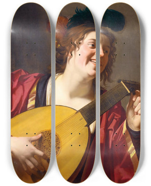 Triptych art skateboard deck of Gerard Van Honthorst A Woman Tuning A Lute by Gerard Van Honthorst (1592-1656)