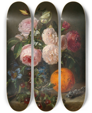 Triptych art skateboard deck of Adriana Johanna Haanen Still Life With Flowers Oranges Roses And Gooseberries by Adriana Johanna Haanen (1814-1895)