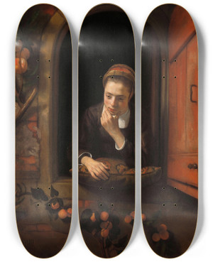 Triptych art skateboard deck of Nicolaes Maes The Daydreamer by Nicolaes Maes (1634-1693)