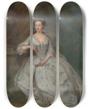 Triptych art skateboard deck of Bartholomew Dandridge A Lady With A Book by Bartholomew Dandridge (1691-1754)