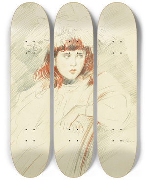 Triptych art skateboard deck of Paul Csar Helleu Portrait Dellen by Paul Cesar Helleu (1859-1927)