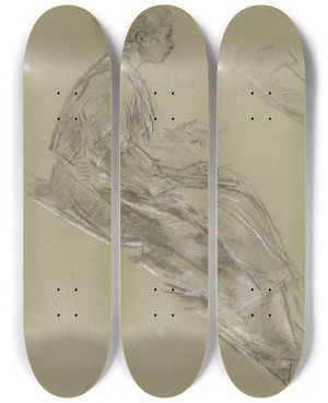 Triptych art skateboard deck of Anton Burger Junge Knstlerin Mit Dem Skizzenbuch Nach Rechts Sitzend by Anton Burger (1824-1905)