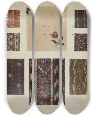 Triptych art skateboard deck of Frances Lichten Materials From Patchwork Bedspread_6 by Frances Lichten (1889-1961)