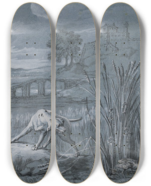 Triptych art skateboard deck of Jeanbaptiste Oudry The Partridge Saves Her Young by Jean-Baptiste Oudry (1686-1755)