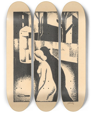 Triptych art skateboard deck of Mikul Galanda On The Way Home by Mikulas Galanda (1895-1938)
