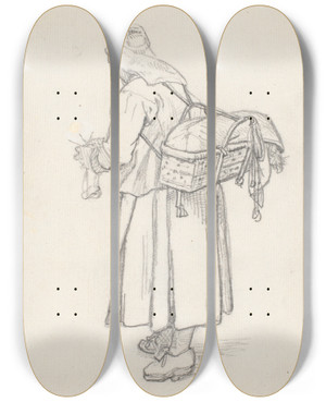 Triptych art skateboard deck of Wilhelm Marstrand Strikkende Svensk Kone Med Kurv P Ryggen by Wilhelm Marstrand (1810-1873)