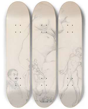 Triptych art skateboard deck of William Orpen Sketches Of A Female Nude A Male Model And A Sculptor by William Orpen (1878-1931)
