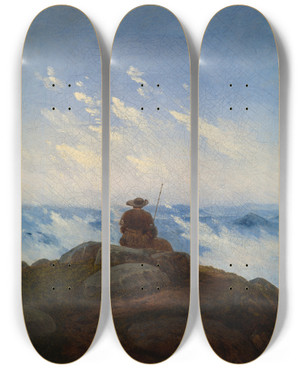 Triptych art skateboard deck of Carl Gustav Carus Wanderer On The Mountaintop by Carl Gustav Carus (1789-1869)