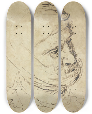 Triptych art skateboard deck of Jusepe De Ribera Head Of A Man With Cloth Headdress by Jusepe de Ribera (1591-1652)