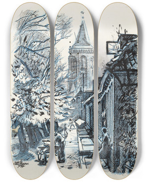 Triptych art skateboard deck of Martin Monnickendam Straatje Met Gezicht Op De St Nicolaaskerk Te Monnickendam by Martin Monnickendam (1874-1943)