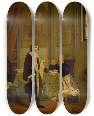 Triptych art skateboard deck of Dominik Skuteck Emperor Maximilian Dictates His Memoirs by Dominik Skutecky (1849-1921)