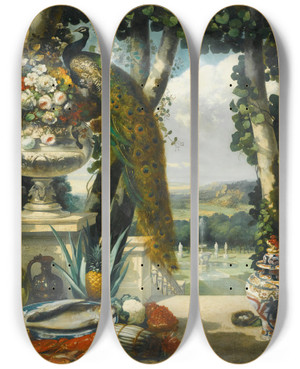 Triptych art skateboard deck of Narcissevirgile Diaz De La Pea Still Life With Peacock Flowers Fruit And Japanese Vase An Extensive Park Landscapebeyond by Narcisse-Virgile Diaz de La Pea (1808-1876)
