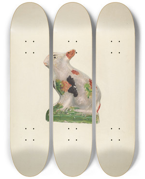 Triptych art skateboard deck of Laura Bilodeau Chalkware Rabbit by Laura Bilodeau