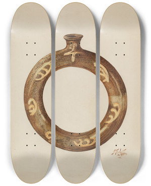 Triptych art skateboard deck of Arthur Stewart Ringshaped Pottery Bottle by Arthur Stewart