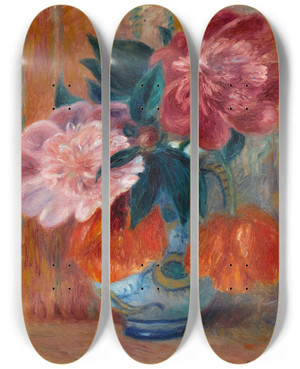 Triptych art skateboard deck of William James Glackens Tulips And Peonies In Pitcher by William James Glackens (1870-1938)