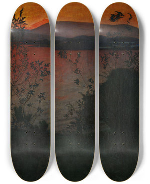 Triptych art skateboard deck of Harald Sohlberg Evening Glow by Harald Sohlberg (1877-1935)