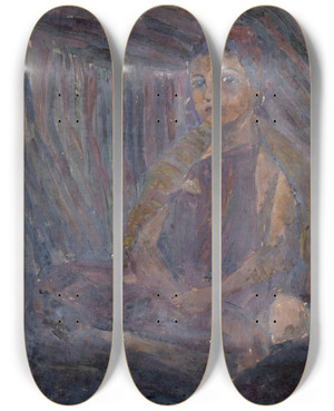 Triptych art skateboard deck of Ernst Schiess Hockender Beduinenjunge In Zelt by Ernst Schiess (1872-1919)