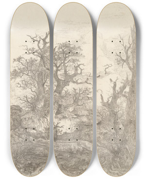 Triptych art skateboard deck of John Crome Landscape With Oak Trees by John Crome (1768-1821)