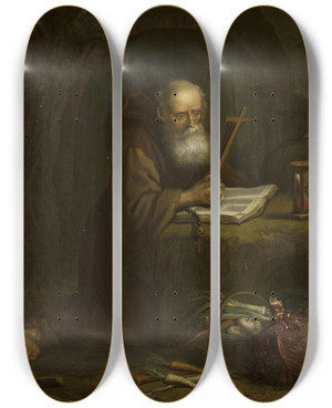 Triptych art skateboard deck of Balthasar Beschey Hermit Praying by Balthasar Beschey (1708-1776) Triptych art skateboard deck of Balthasar Beschey Hermit Praying by Balthasar Beschey (1708-1776)