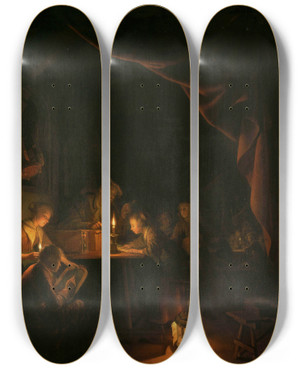Triptych art skateboard deck of Gerrit Dou The Night School by Gerrit Dou (1613-1675) Triptych art skateboard deck of Gerrit Dou The Night School by Gerrit Dou (1613-1675)