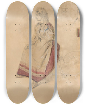 Triptych art skateboard deck of Friedrich Carl Von Scheidlin Seated Young Woman In A Folk Costume by Friedrich Carl Von Scheidlin (1822-1913)