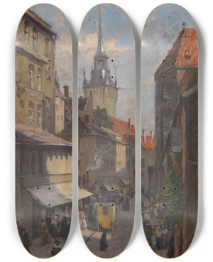 Triptych art skateboard deck of Charles Vetter Blick Vom Petersbergl Auf Das Alte Rathaus In Mnchen by Charles Vetter (1858-1936)
