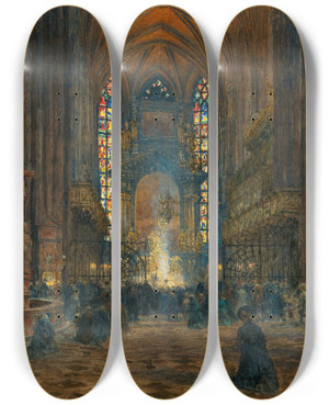 Triptych art skateboard deck of Jindich Tomec Mass At St Stephens Cathedral by Jindrich Tomec (1863-1928)