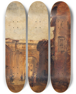 Triptych art skateboard deck of Flix Ziem Une Rue Florence by Felix Ziem (1821-1911)