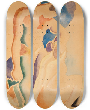 Triptych art skateboard deck of Thomas Hart Benton Two Bathers by Thomas Hart Benton (1889-1975)