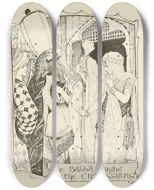 Triptych art skateboard deck of Henry Justice Ford The Bassa Laughs At The Circassians by Henry Justice Ford (1860-1941)