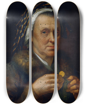 Triptych art skateboard deck of Johann Baptist Hchle Alte Frau Mit Einem Dukaten by Johann Baptist Hochle (1754-1832)