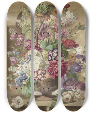 Triptych art skateboard deck of Pieter Van Loo Bloemstuk by Pieter Van Loo (1731-1784)