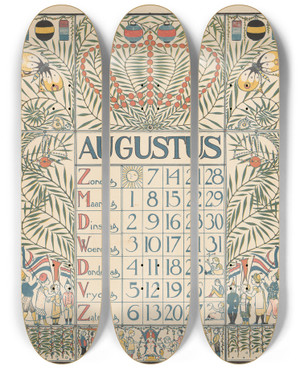 Triptych art skateboard deck of Theo Nieuwenhuis Kalender Voor Augustus 1898 by Theo Nieuwenhuis (1866-1951)