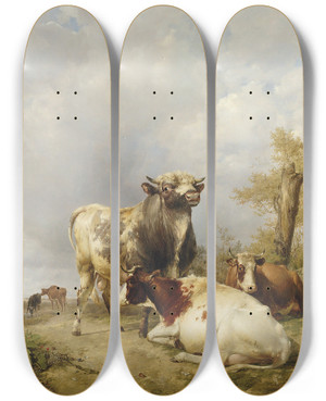 Triptych art skateboard deck of Thomas Sidney Cooper A Bull And Cows In A Landscape by Thomas Sidney Cooper (1803-1902)