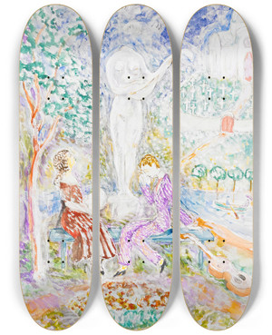 Triptych art skateboard deck of Nils Dardel Den Snderslagna Statyn by Nils Dardel (1888-1943)