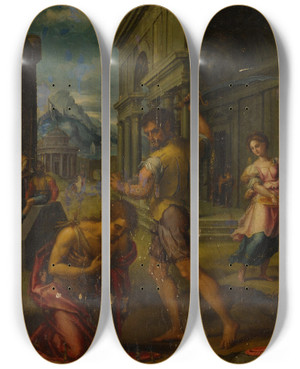 Triptych art skateboard deck of Giovanni Antonio Sogliani Beheading Of Saint John The Baptist by Giovanni Antonio Sogliani (1492-1544)