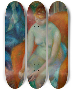 Triptych art skateboard deck of William James Glackens Nude Pulling On Stocking Nude With Red Hair by William James Glackens (1870-1938)