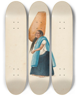 Triptych art skateboard deck of Francisco Fierro Woman Carrying Large Jar by Francisco Fierro (1807-1879)