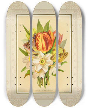Triptych art skateboard deck of Marcus Ward Co Tulip Narcissus by Marcus Ward Co