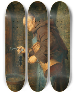 Triptych art skateboard deck of Eduard Von Grtzner A Cellarer With A Bunch Of Keys by Eduard Von Grutzner (1848-1925)