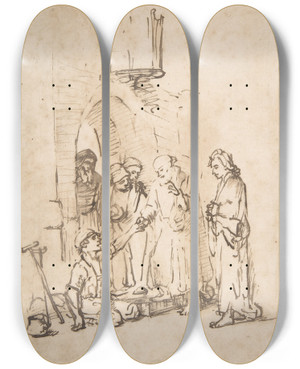 Triptych art skateboard deck of Rembrandt Van Rijn St Peter And St John Healing The Paralytic by Rembrandt Van Rijn (1606-1669)