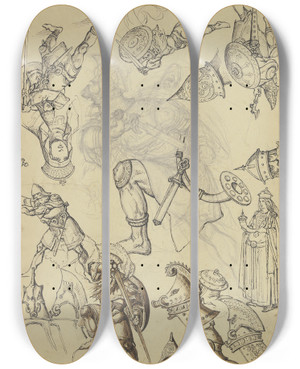 Triptych art skateboard deck of Ferdinand Fellner Studienblatt Ritter Und Damen Mittig Ein Das Schwert Ziehender Ritter In Energischer Bewegung Nach Links by Ferdinand Fellner (1799-1859)