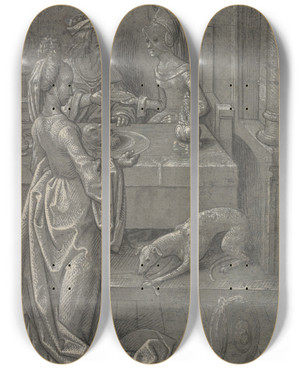 Triptych art skateboard deck of Cornelis Engebrechtsz Salome With The Head Of John The Baptist by Cornelis Engebrechtsz (1461-1527)