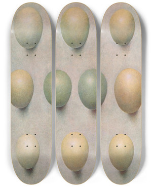 Triptych art skateboard deck of Henrik Gronvold Eggs Of British Diving Ducks by Henrik Gronvold (1858-1940)