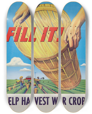 Triptych art skateboard deck of Stevan Dohanos Fill It Help Harvest War Crops by Stevan Dohanos (1907-1995)