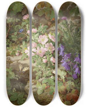 Triptych art skateboard deck of Josef Lauer Groes Stillleben Mit Alpenblumen by Josef Lauer (1818-1881)